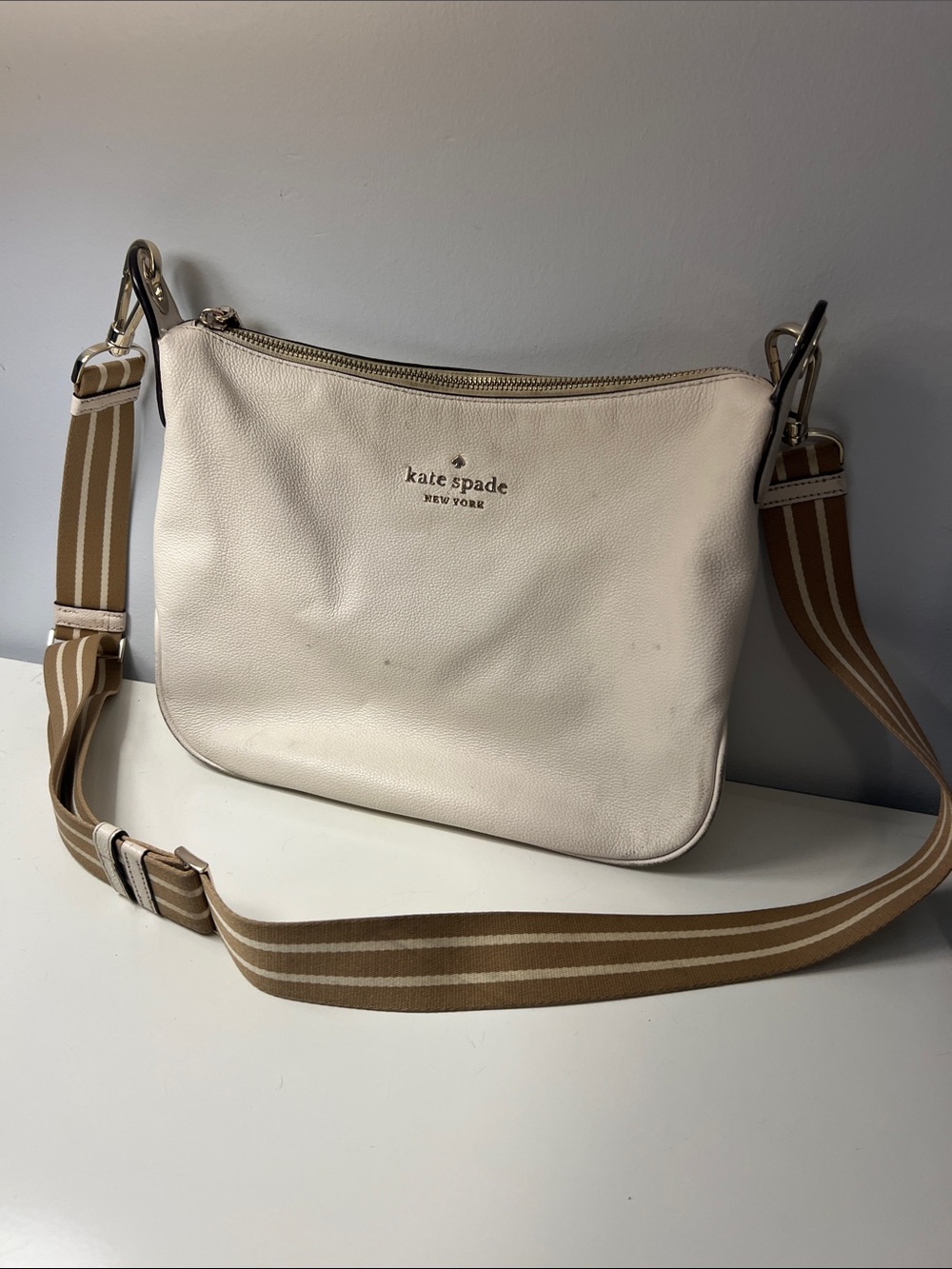 kate spade Cream Leather Crossbody with Striped Tan Strap